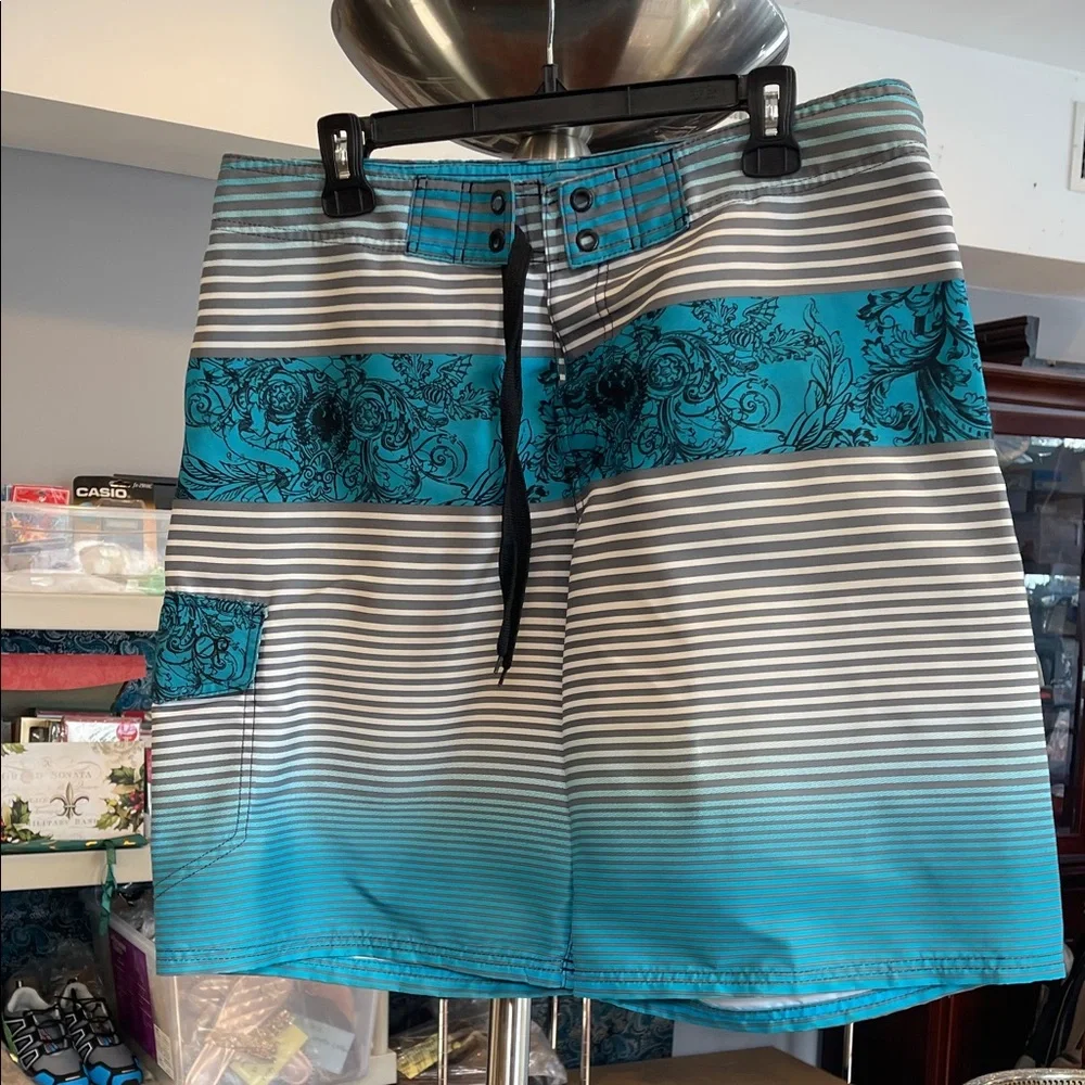 OP Men's Floral Striped Swim Shorts - Teal and Gray summer coastal beach